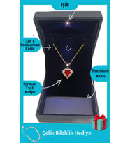 Doğum Günü Hediyesi Işıklı Premium Kutuda Okyanus Kalbi Çelik Kırmızı Renk Kolye (Gold)