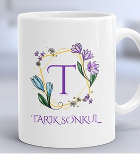 Kişiye Özel Çiçekli T Harfli Hediye Kupa Bardak İsim Soyisim Yazılı (Beyaz)