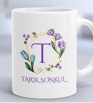 Kişiye Özel Çiçekli T Harfli Hediye Kupa Bardak İsim Soyisim Yazılı (Beyaz)