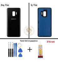 Samsung Galaxy S9 Siyah Renk Arka Kapak + Tamir Seti + B7000 Yapıştırıcı Arka Cam Batarya Kapağı Pil Kapağı Lazer Kesim Back Cover Galaxy S9 Uyumlu