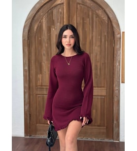 Sırt Pencereli Mini Triko Elbise - Bordo