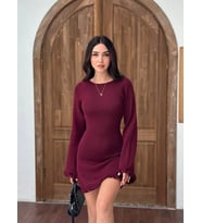 Sırt Pencereli Mini Triko Elbise - Bordo