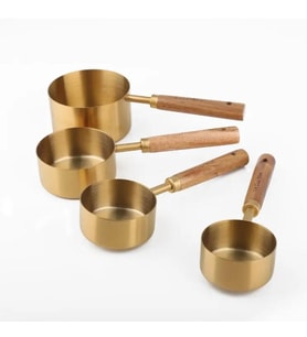 Gold Renk Şık Ahşap Saplı Ölçü Kaşığı Seti – 4’lü Metal Ölçüm Kapları