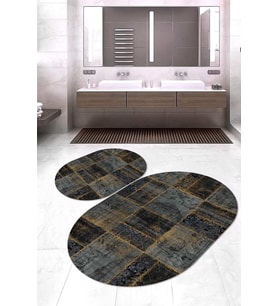 Dijital Baskılı Kaymaz Taban Yıkanabilir Oval 2'li Klozet Takımı Banyo Paspası NOKZ-HT-918 (Gold)