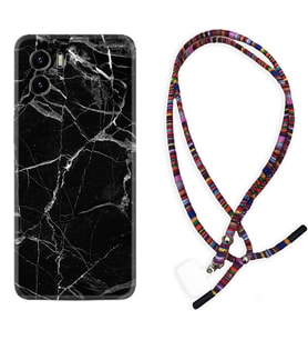 Vivo Y15S Y32 Y33S Y51 Y53S Kılıf Boyun Asklı Rasta Silikon Fragile Black Mermer 1378