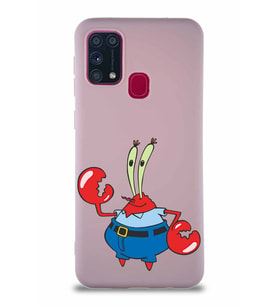 Samsung Galaxy M31 Soft Premier Kapak Bay Yengeç Tasarımlı Silikon Kılıf - Pudra (Şeffaf)