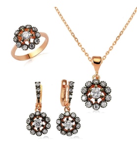 Rose Çiçekset Elmas 925 Ayar Gümüş Kadın Set