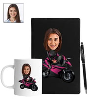 Kişiye Özel Motorcu Kadın Tasarımlı Karikatür Siyah Defter Kalem Kupa Seti 58
