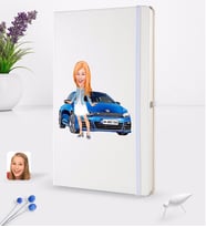 BK Gift Kişiye Özel Plakalı Kadın Volkswagen Scirocco Karikatürlü Beyaz Termo Deri Defter 16x24cm Model 1