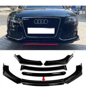Audi A4 B8 Siyah Renkli Şeritli Dilli Ön Lip 4 Prç Parlak Siyah ABS