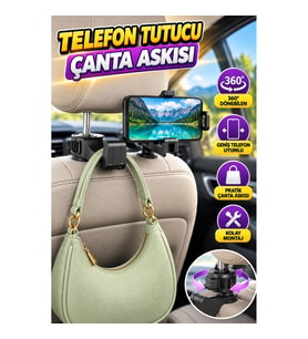 Araç Koltuk Arkası 360° Dönebilen Telefon Tutucu ve Çanta Askısı
