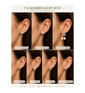 7’li Kombin Altın Renk Taşlı Minimal Kadın Küpe