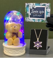 Renkli Led Işıklı Tasarım Fanus ve Gerçek Ametist Taşlı Lotus Kolye (Model 2)