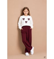 Bordo Kız Çocuk Fiyonk Desenli Sweatshirt Geniş Paça Eşofman Takımı 24828