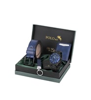 Polo Air Mercek Takvimli Erkek Kol Saati Cüzdan Kemer Çakmak Anahtarlık Seti Siyah Lacivert Renk PL-7078E6 (Lacivert-Siyah)