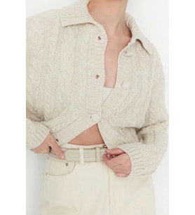 Kadın Modern Tarz Regular Polo Yaka Crop Triko Hırka (Taş)