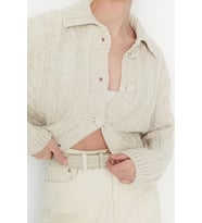 Kadın Modern Tarz Regular Polo Yaka Crop Triko Hırka (Taş)