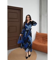Neşeli butik kadın mavi beli kemerli piliseli kruvaze yaka şifon elbise NBELB03