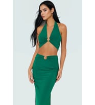 Şık V Yaka Fitted Örme Bluz Etek Plaj Takımı Görünüm Modern Stil Premium Kalite (Yeşil)