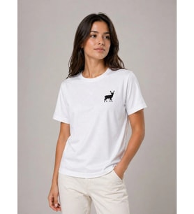 Kadın Minimal Geyik Logolu Tişört Bisiklet Yaka Kısa kol Yazlık T-Shirt - Beyaz