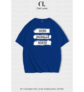 Unisex Kadın Erkek Vıkıng Valhala Baskılı Özel Tasarım Oversize T-shirt (Mavi)