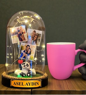 Kişiye Özel Tasarım Led Işıklı Fanus ve Pembe Kupa Bardak Hediye Seti (Model 4)