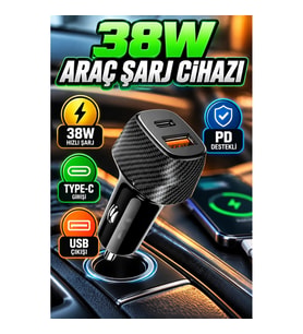 38W Type-C ve USB Çıkışlı PD Destekli Araç Çakmaklık Şarj Cihazı