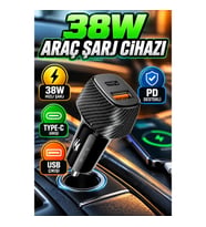 38W Type-C ve USB Çıkışlı PD Destekli Araç Çakmaklık Şarj Cihazı