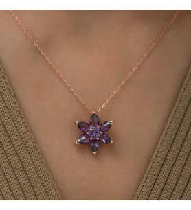 ?Gümüş Rose Mor Çiçek Kolye