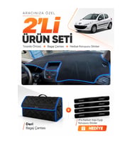 PEUGEOT 206+ (2009-2013) Uyumlu Torpido Örtüsü + Deri Bagaj Çantası + Sticker Seti - Siyah Mavi