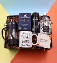 Kişiye Özel My Dad Hero Baskılı Kupa & Siyah French Press &  Alerya Premium Filtre Kahve & Erkek Deodorant & Pomellos Kolonya Hediye Seti