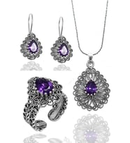Ametist Taşlı Damla Model Kadın 925 Ayar Gümüş Telkari Üçlü Set 201024778