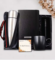 Kişiye Özel 500 ML Deri Çantalı Termos & Siyah Kupa & Siyah Defter & Siyah Mat Roller Kalem Hediye Seti (Gümüş)
