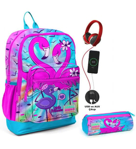 Coral High Mavi Pembe Flamingo USB Soketli Okul Çantası ve Kalemlik Seti - Kız Çocuk