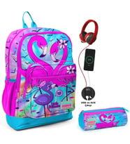 Coral High Mavi Pembe Flamingo USB Soketli Okul Çantası ve Kalemlik Seti - Kız Çocuk