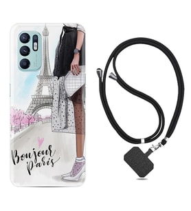 Oppo Reno 6 Kılıf Resimli Boyun Askılı İpli Desenli Silikon Bonjour Paris 1419