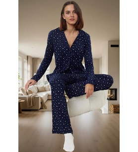 Yıldız Desenli %100 Pamuklu Rahat Pijama Takımı Kullanım Özenle Seçilmiş (Lacivert)