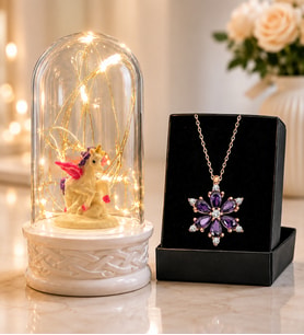 Led Işıklı Unicornlu Fanus ve Gerçek Ametist Taşlı Lotus Kolye Sevgiliye Kadına Anneye Arkadaşa Hediye