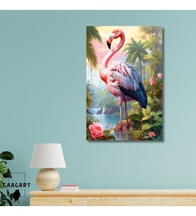 Tekli Dikey Kanvas Tablo Yüksek Kaliteli Renkli Flamingo Ve Gül