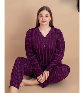 Pijamerry Kadın Büyük Beden Dantel Yaka Bambu Uzun Kol İnce Pijama Takımı 5541 - 1 Adet (Mürdüm)