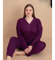 Pijamerry Kadın Büyük Beden Dantel Yaka Bambu Uzun Kol İnce Pijama Takımı 5541 - 1 Adet (Mürdüm)