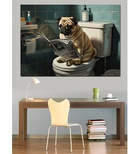 Gazete Okuyan Komik Pug Köpek Dekoratif Kanvas - Mdf Ahşap Tablo