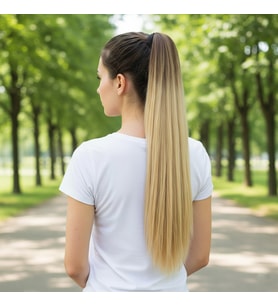 Bağlamalı Düz At Kuyruğu / Kahve / Bal Köpüğü Ombre ve Platin Işıltılı
