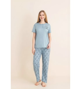 Kadın Pijama Takımı-Menekşe Kumaş-3 Düğmeli-Yaka Baskılı-12606SF ENİSENA (Turkuaz)