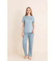 Kadın Pijama Takımı-Menekşe Kumaş-3 Düğmeli-Yaka Baskılı-12606SF ENİSENA (Turkuaz)