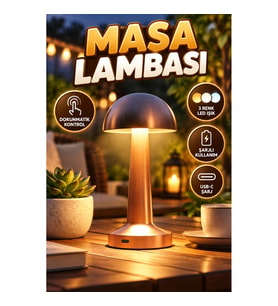 Bronz Şarjlı Masa Lambası – 3 Renk LED Dokunmatik Kontrol