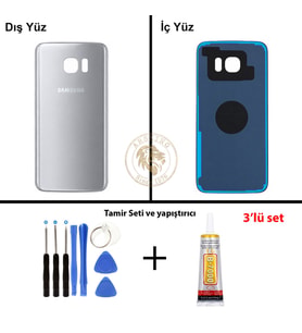 Samsung Galaxy S7 Edge Gümüş Renk Arka Kapak + Tamir Seti + B7000 Yapıştırıcı Arka Cam Batarya Kapağı Pil Kapağı Lazer Kesim Back Cover Galaxy S7 Edge Uyumlu