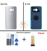 Samsung Galaxy S7 Edge Gümüş Renk Arka Kapak + Tamir Seti + B7000 Yapıştırıcı Arka Cam Batarya Kapağı Pil Kapağı Lazer Kesim Back Cover Galaxy S7 Edge Uyumlu