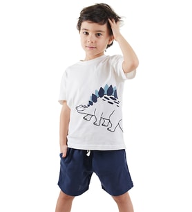 Dinozor Erkek Çocuk T-shirt Müslin Şort Takım (Lacivert)