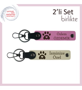 Veteriner Öğrenciye Mezuniyet Hediyesi, Kalpli Pati Temalı Deri Anahtarlık Seti, Pembe-Sütlü Kahve